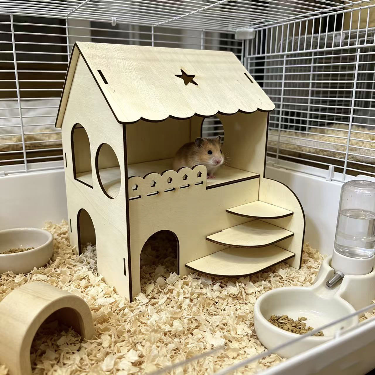 Interior Design Gold - Hamster Two-Story Wooden Villa with Stairs,